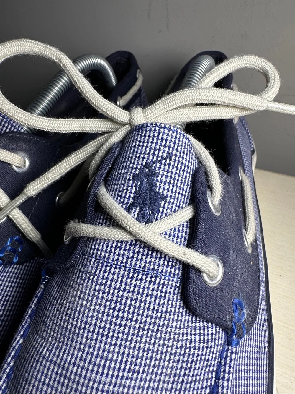 Polo Ralph Lauren Lander mini gingham Navy and Light Blue Canvas Boat Shoes